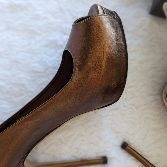 Gucci Light Bronze Nappa Silk Peep Toe Heels - Picture 9 of 12